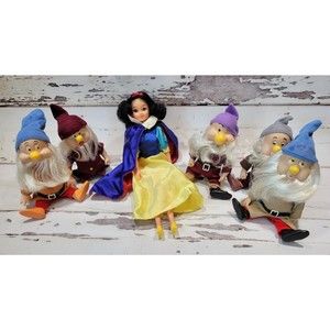 Vintage Bikin Walt Disney Dwarfs Vinyl Figure Dolls & 11 1/2" Snow White Doll